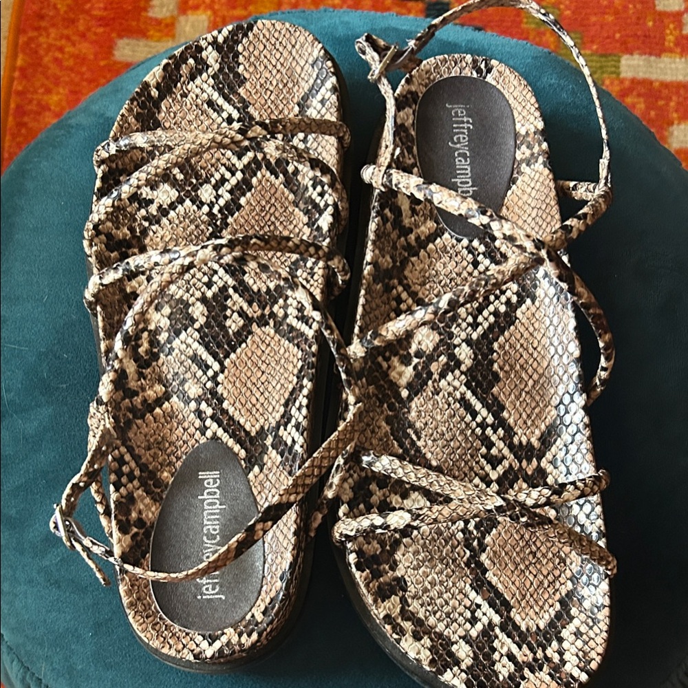 Jeffrey Campbell Black and Tan Empress Snake Print strappy sandal women’s size 8